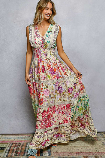 POL Smocked Floral Maxi Dress in Cream Multi