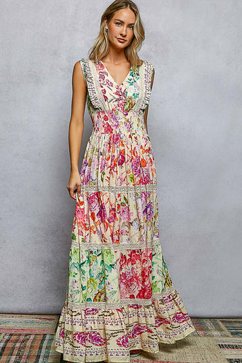 POL Smocked Floral Maxi Dress in Cream Multi