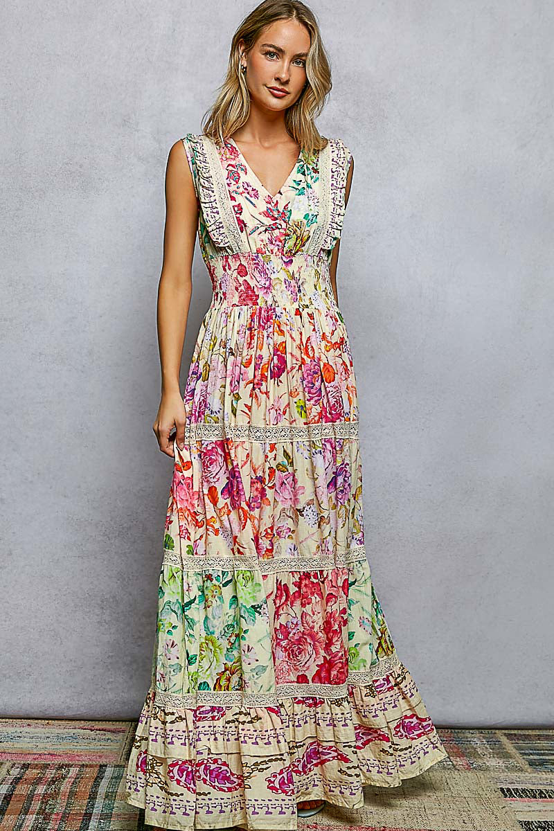 smocked floral maxi dress Pink Cotton - Casual Dresses and a square neckline Meadow Charm Pink Floral Smocked