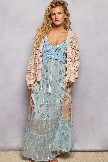 POL Open Knit Crochet Sweater in Salmon Pink