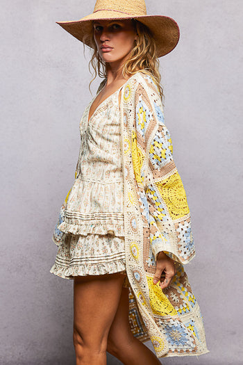 POL Open Front Crochet Granny Square Cardigan in Yellow Multi