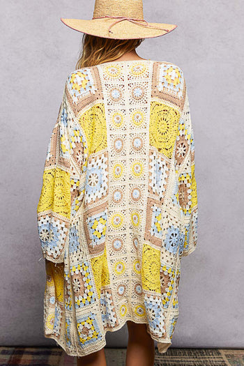 POL Open Front Crochet Granny Square Cardigan in Yellow Multi