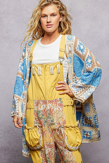 POL Open Front Crochet Granny Square Cardigan in Blue Multi