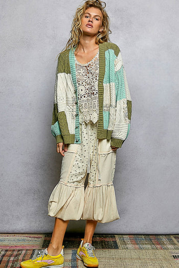 POL Patchwork Oversized Sweater Cardigan in Mint / Olive