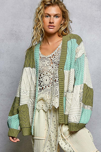 POL Patchwork Oversized Sweater Cardigan in Mint / Olive