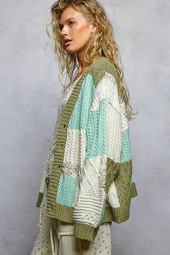 POL Patchwork Oversized Sweater Cardigan in Mint / Olive