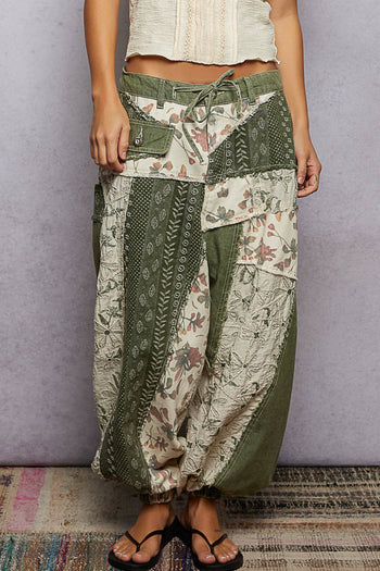 POL Mixed Patchwork Joggers in Olive