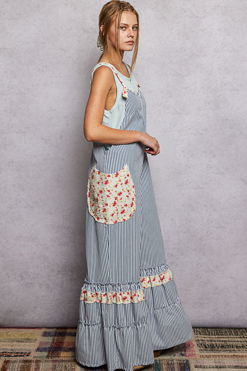 POL Striped Ruffle Wide Leg Overalls in Blue Stripe – June Adel