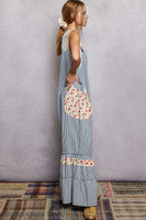 POL Striped Ruffle Wide Leg Overalls in Blue Stripe