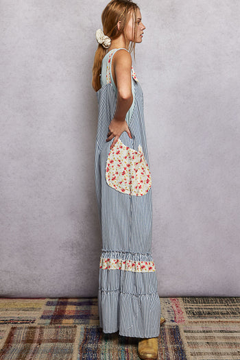 POL Striped Ruffle Wide Leg Overalls in Blue Stripe