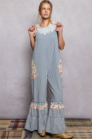 POL Striped Ruffle Wide Leg Overalls in Blue Stripe