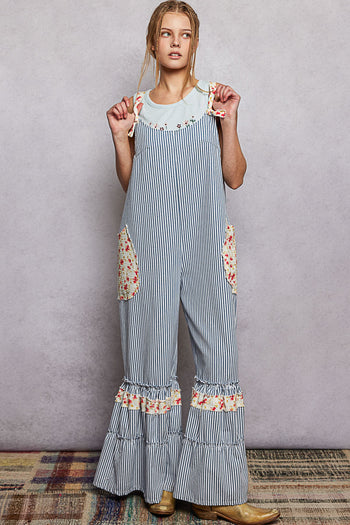 POL Striped Ruffle Wide Leg Overalls in Blue Stripe