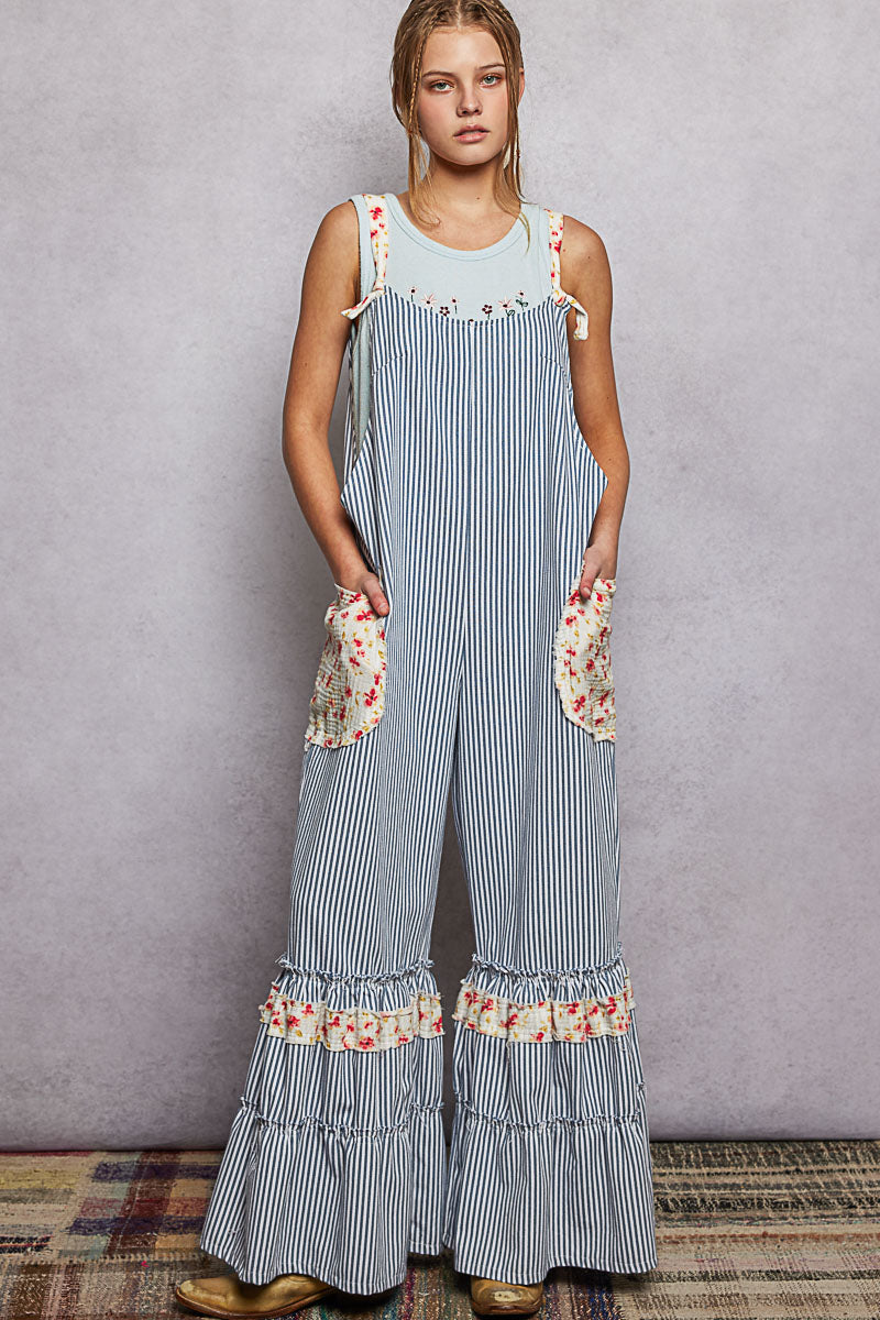 POL Striped Ruffle Wide Leg Overalls in Blue Stripe – June Adel