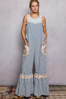 POL Striped Ruffle Wide Leg Overalls in Blue Stripe