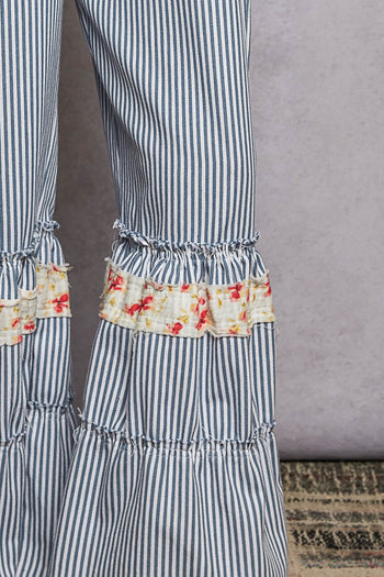POL Striped Ruffle Wide Leg Overalls in Blue Stripe