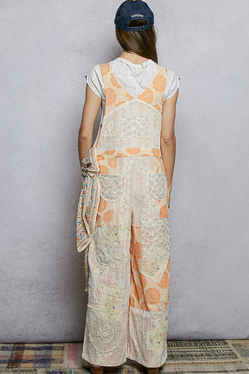 POL Striped Floral Print and Patchwork Details Overalls in Orange Stripe