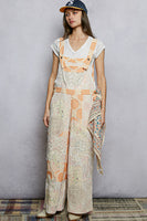 POL Striped Floral Print and Patchwork Details Overalls in Orange Stripe