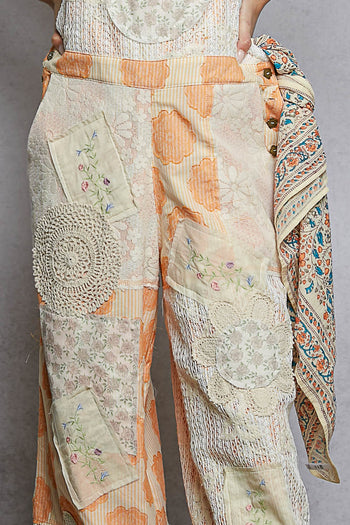 POL Striped Floral Print and Patchwork Details Overalls in Orange Stripe