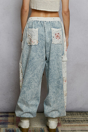 POL Denim Joggers with Floral Embroidery in Denim