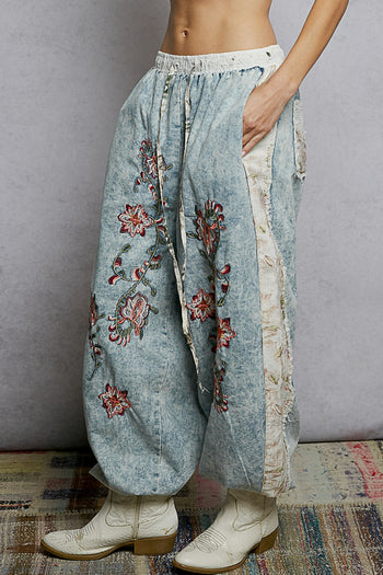 POL Denim Joggers with Floral Embroidery in Denim