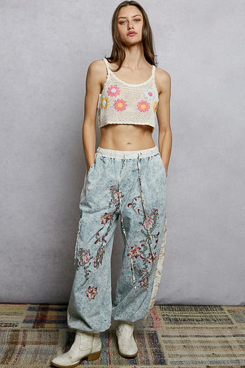 POL Denim Joggers with Floral Embroidery in Denim