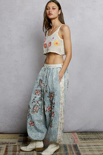 POL Denim Joggers with Floral Embroidery in Denim