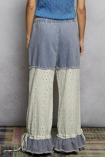 POL Denim Twill and Eyelet Lace Pants in Denim