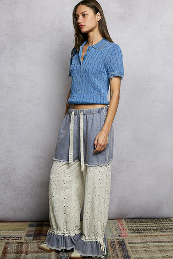 POL Denim Twill and Eyelet Lace Pants in Denim