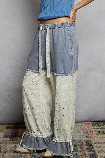 POL Denim Twill and Eyelet Lace Pants in Denim