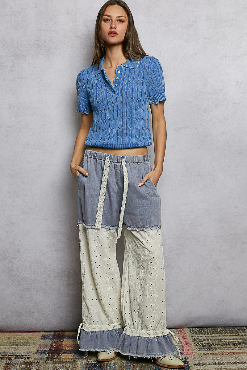 POL Denim Twill and Eyelet Lace Pants in Denim – June Adel