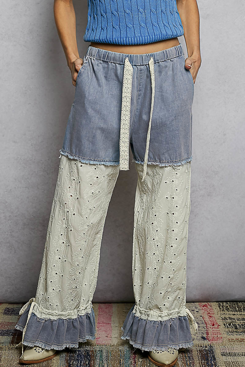 POL Denim Twill and Eyelet Lace Pants in Denim – June Adel