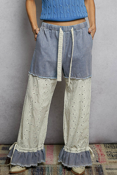 POL Denim Twill and Eyelet Lace Pants in Denim – June Adel