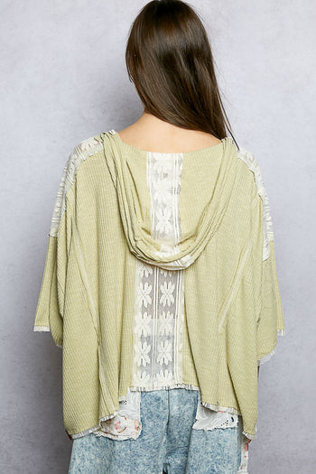 POL Ribbed Hooded Top with Floral Lace Details in Pale Sage