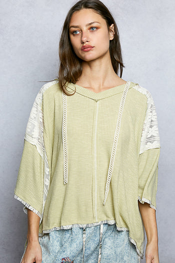 POL Ribbed Hooded Top with Floral Lace Details in Pale Sage