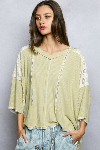 POL Ribbed Hooded Top with Floral Lace Details in Pale Sage