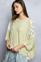 POL Ribbed Hooded Top with Floral Lace Details in Pale Sage