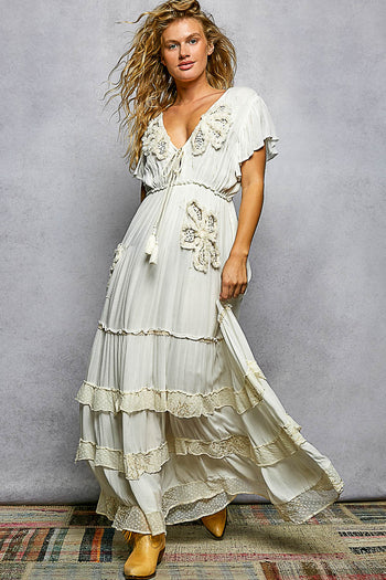 POL Patched and Embroidery Detailed Maxi Dress in Ivory