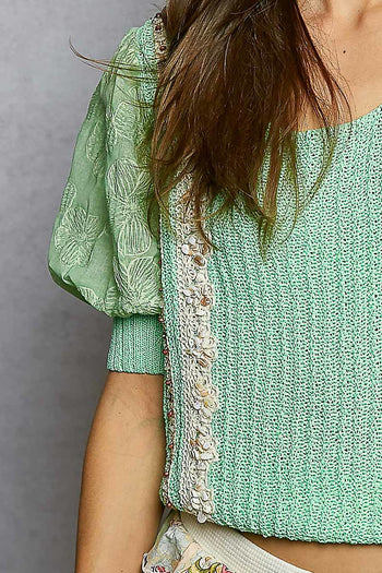 POL Beaded Puff Sleeve Sweater in Mint