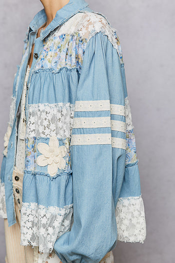 POL A-Line Denim Jacket with Mixed Details in Light Denim