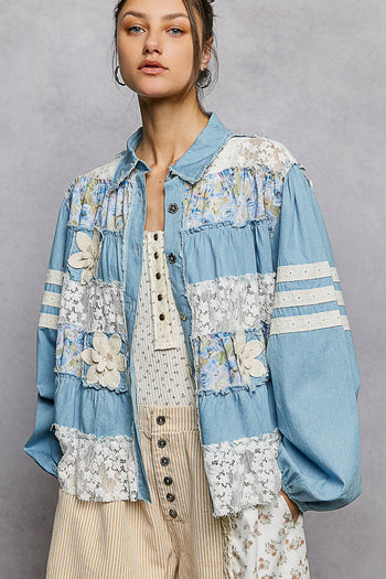 POL A-Line Denim Jacket with Mixed Details in Light Denim