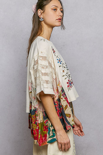 POL Poncho Style Top with Floral Print and Embroidery Details in Cream