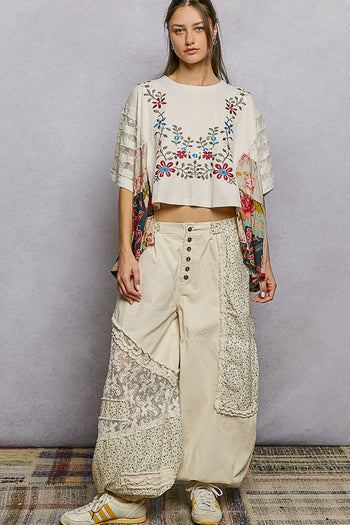 POL Poncho Style Top with Floral Print and Embroidery Details in Cream