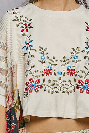 POL Poncho Style Top with Floral Print and Embroidery Details in Cream