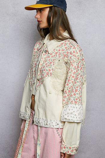 POL Mixed Print and Crochet Detailed Jacket in Oatmeal Multi