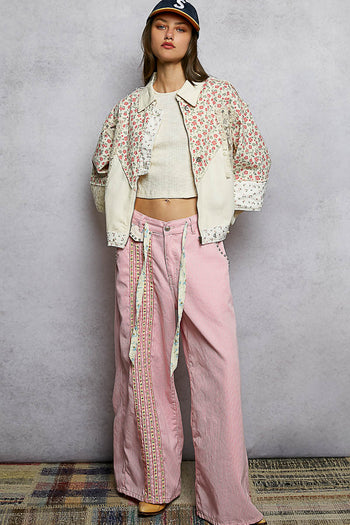 POL Mixed Print and Crochet Detailed Jacket in Oatmeal Multi