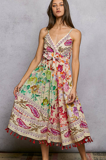 POL Mixed Print and Tassel Detail Midi Dress in Cream Multi
