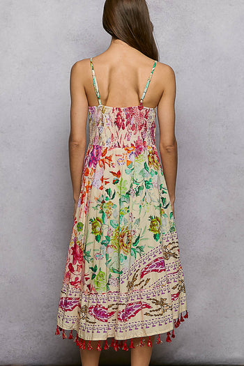 POL Mixed Print and Tassel Detail Midi Dress in Cream Multi
