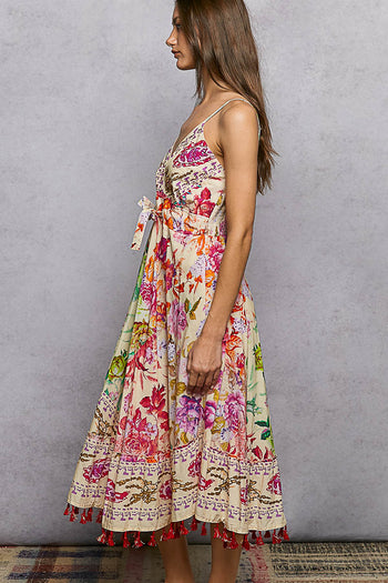 POL Mixed Print and Tassel Detail Midi Dress in Cream Multi