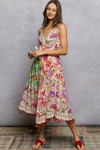 POL Mixed Print and Tassel Detail Midi Dress in Cream Multi