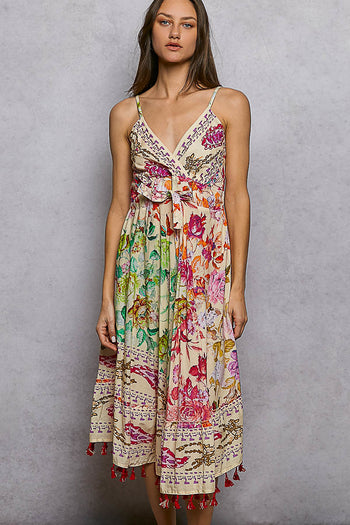 POL Mixed Print and Tassel Detail Midi Dress in Cream Multi